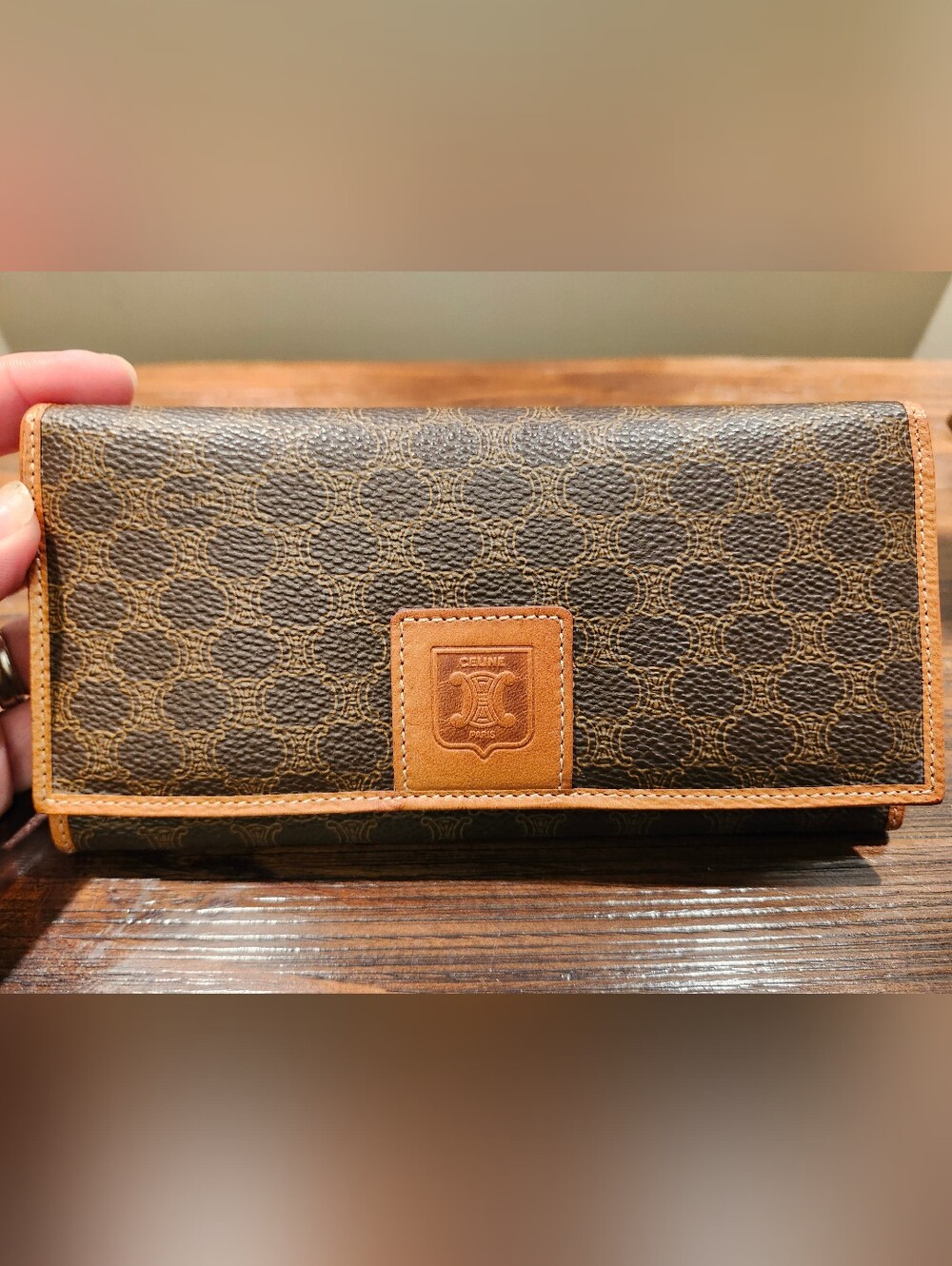 Celine Macadam Triomphe Brown and Tan Leather Long Wallet